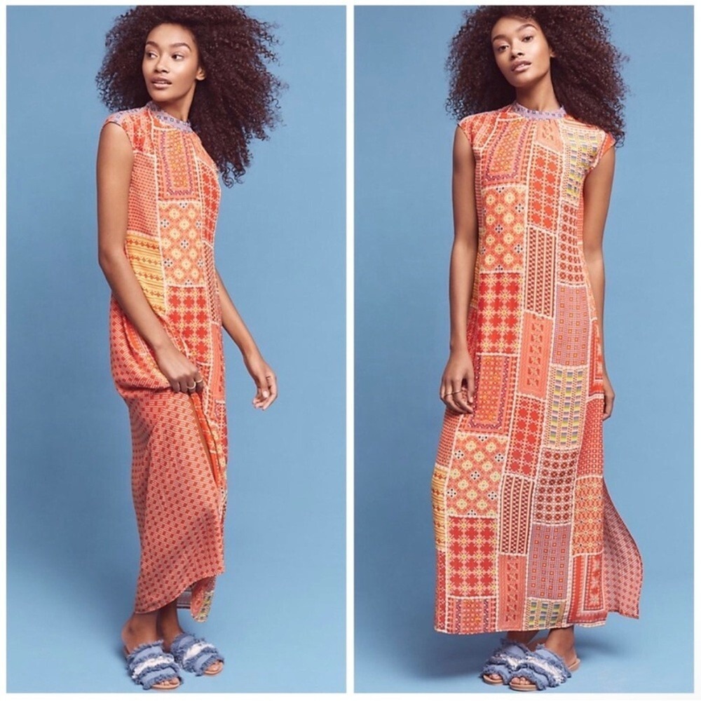 Tanvi Kedia Anthropologie Patchwork Beaded Maxi Dress Orange Red Size M AS IS
